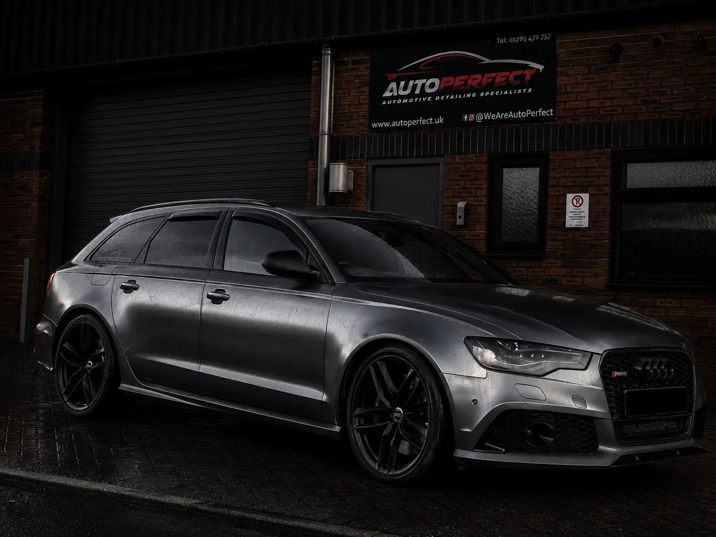Grey Audi RS6 Avant with black alloy wheels outside the AutoPerfect unit in Stone, Staffordshire