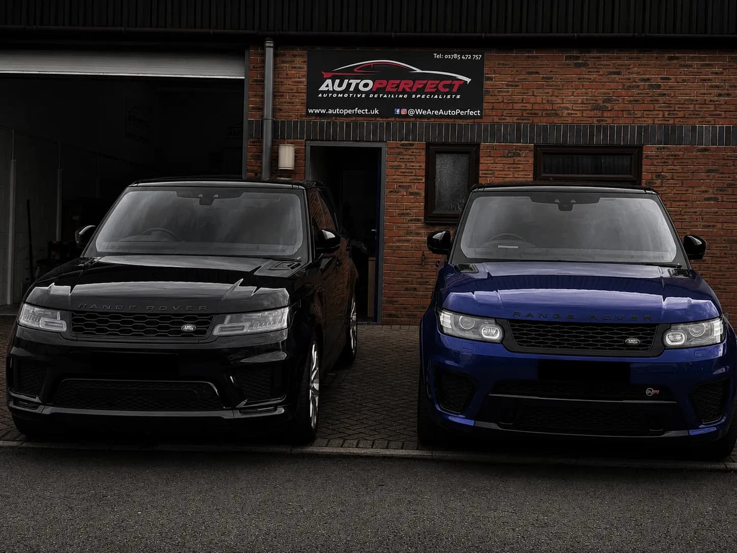 Two Range Rovers outside the AutoPerfect unit at Stone Business Park, Staffordshire